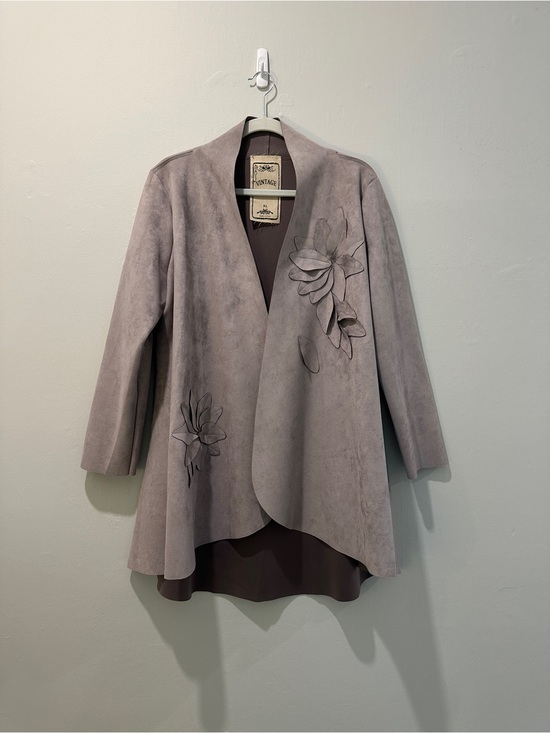 Vintage Jackets & Blazers - Taupe Faux Suede Floral Appliqué Duster Jacket